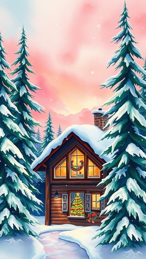 A watercolor painting of a snowy Christmas cabin with a decorated tree visible through the window.